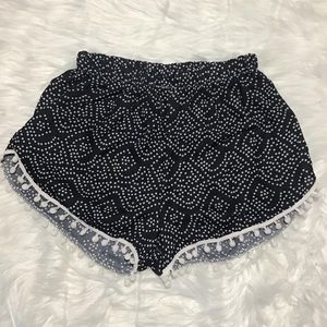 Women’s Black with White polka dot flowy Shorts with White Pompoms at Hem